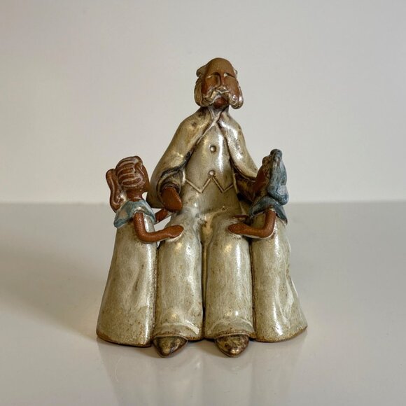 Handcrafted Studio Art Pottery Clay Stoneware Figurine Elder Man Two Children - Picture 1 of 7